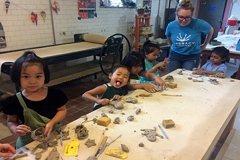 Silliness is the same in ANY language! Family Literacy students enjoy making art during a field trip to the Braddock Carnegie Library, organized by our Office of Public Art artist-in-residence Mary Tremonte.